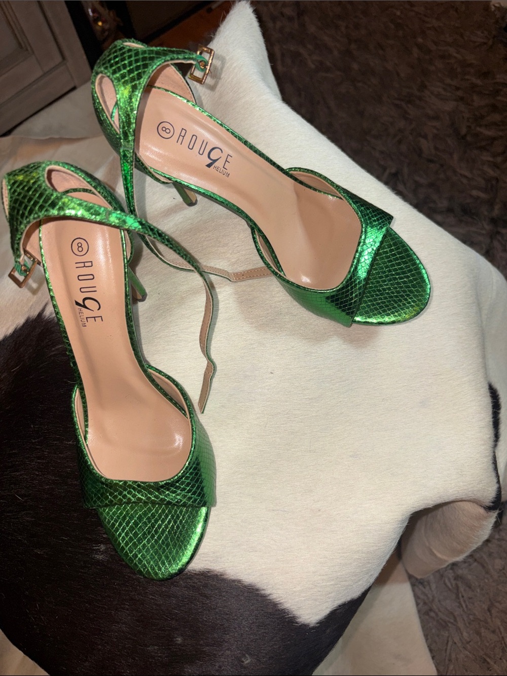 Rouge Helium Metallic Green Snakeskin Heeled Sandals